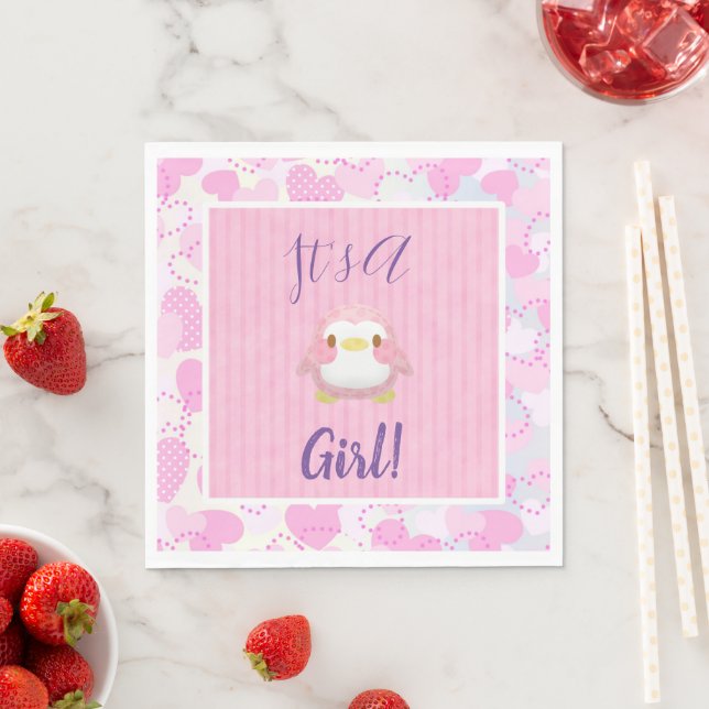 Baby Shower Girl Rosa Penguin Napkins Pappersservett (Insitu)