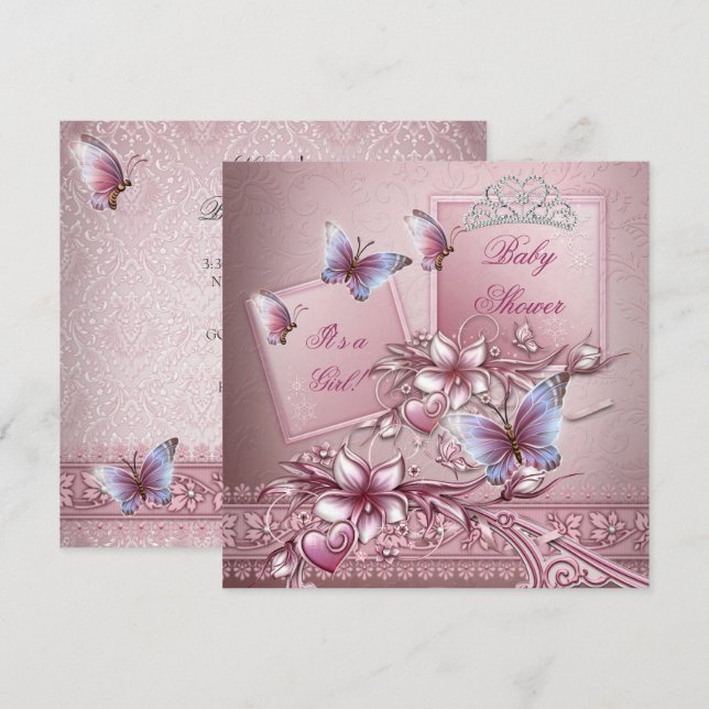 Baby Shower Girl Rosa Princess Butterfly Inbjudningar (Fram/baksida)