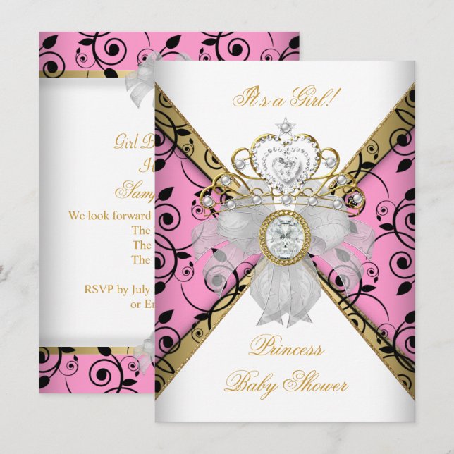 Baby Shower Girl Rosa Princess Damask Black Inbjudningar (Fram/baksida)
