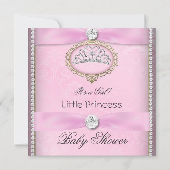 Baby Shower Girl Rosa Princess Tiara Diamond 2 Inbjudningar (Framsida)