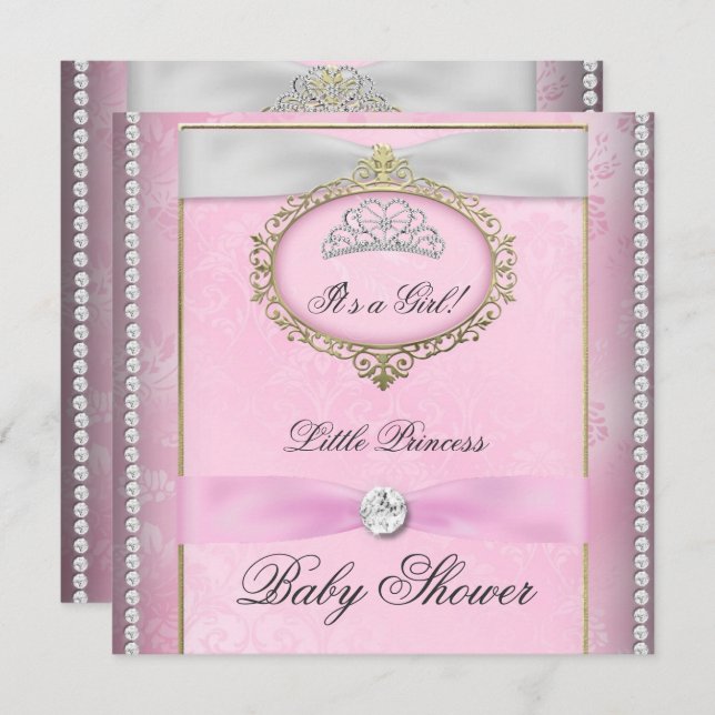 Baby Shower Girl Rosa Princess Tiara Diamond Inbjudningar (Fram/baksida)