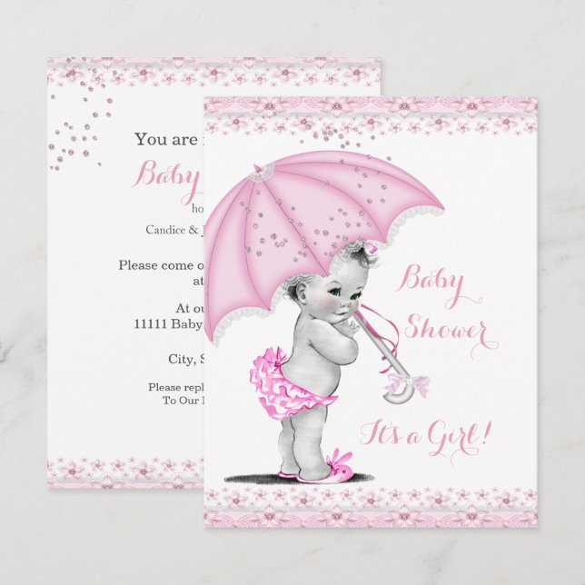 Baby Shower Girl Rosa Sprinkle Umbrella Inbjudningar (Fram/baksida)