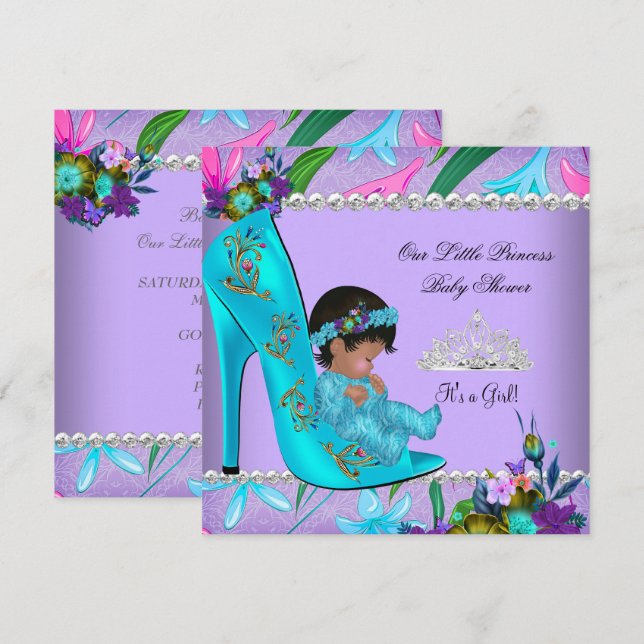 Baby Shower Girl Rosa Teal Blue Lila Shoe Inbjudningar (Fram/baksida)