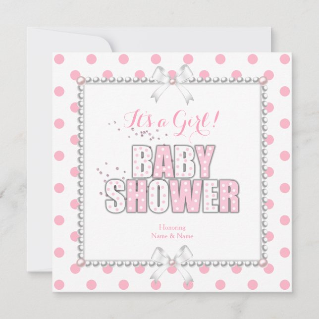 Baby Shower Girl Rosa White Polka dots Pearls Inbjudningar (Framsida)