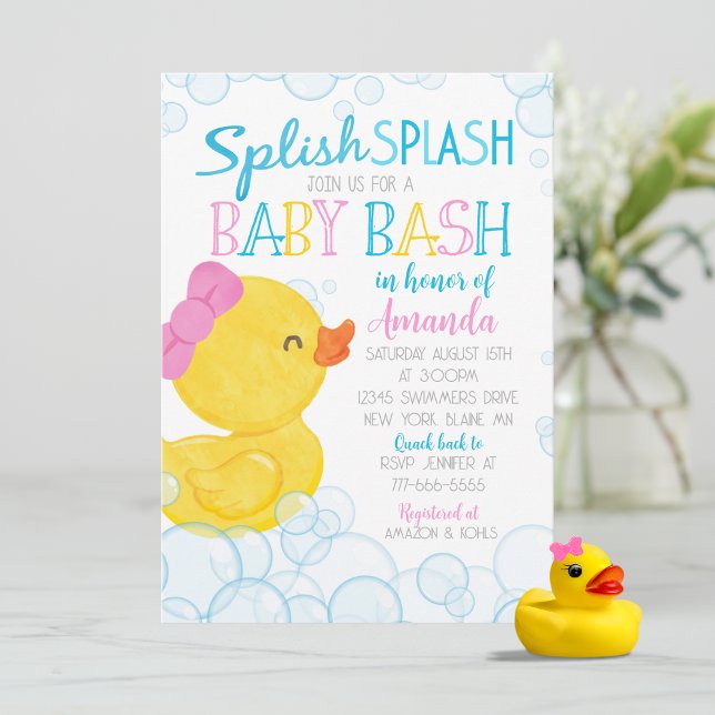 Baby Shower Girl Rubber Anka Splish Stänk Inbjudningar (Splish Splash Watercolor Girl Rubber Duck Baby Shower Invitations)