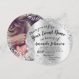 Baby Shower Girl Silver Grått Royal Photo Boy New Inbjudningar