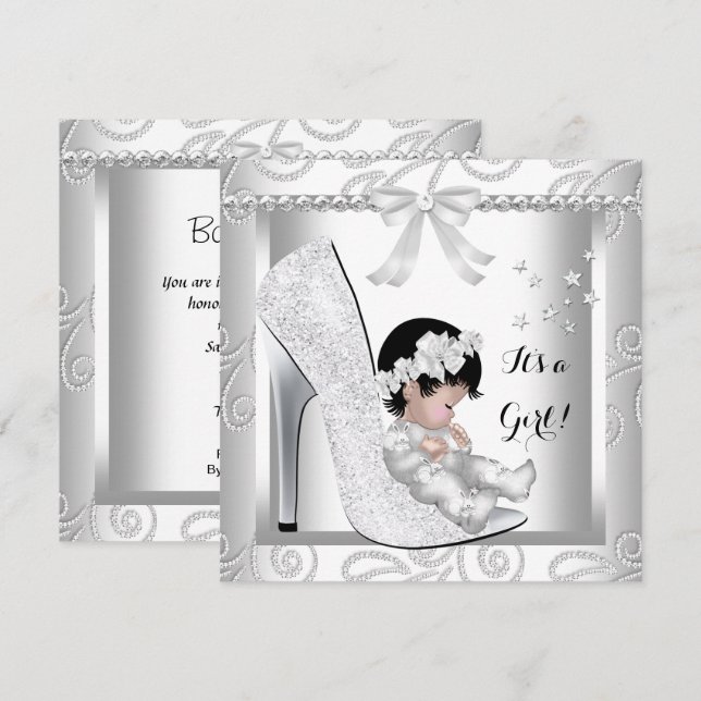Baby Shower Girl Silver Grått White Diamond Shoe Inbjudningar (Fram/baksida)