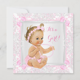 Baby Shower Girl Snöre Damask Rosa Blonde Inbjudningar