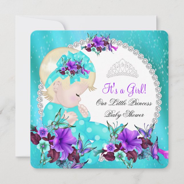 Baby Shower Girl Teal Blue Lila Blommigt 3 Inbjudningar (Framsida)