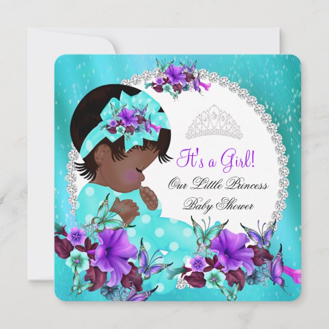 Baby Shower Girl Teal Blue Lila Blommigt Inbjudningar (Framsida)