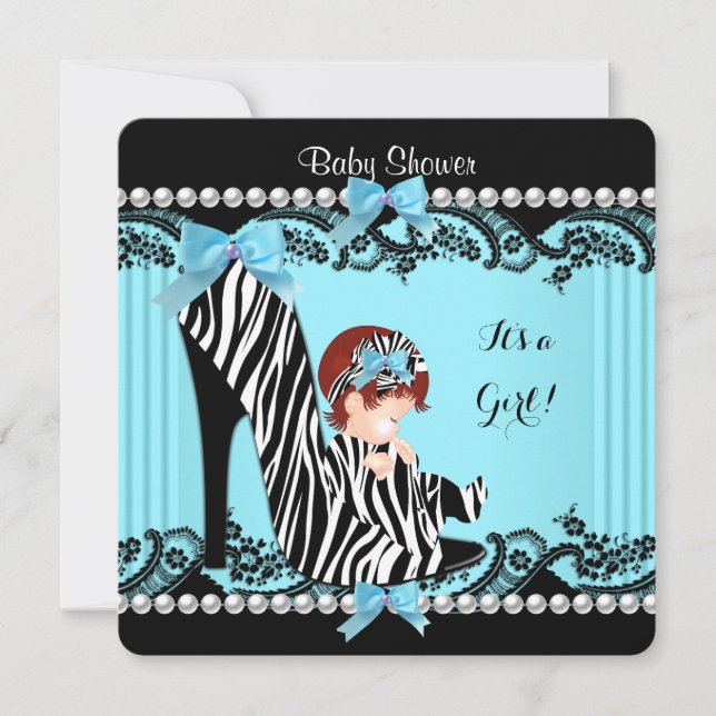 Baby Shower Girl Teal Blue Zebra Red Hair Inbjudningar (Framsida)
