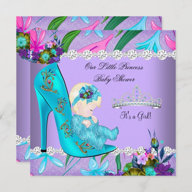 Baby Shower Girl Teal Lila Blommigt Shoe Blonde Inbjudningar (Fram/baksida)