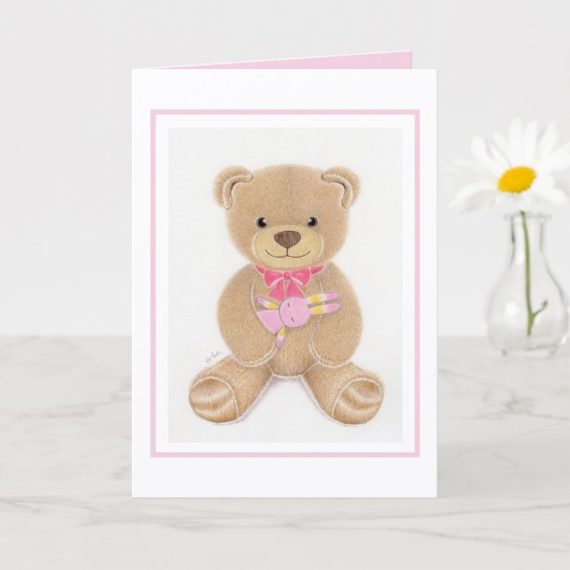 Baby Shower Girl Teddy Bear Folded Greeting Card Kort (Liten växt)