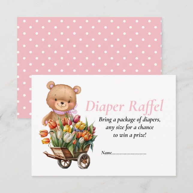 Baby Shower Girl Teddy Blommigt Diaper Raffel Inbjudningar (Fram/baksida)
