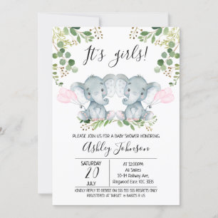 Baby Shower Girl Twin Elephant Balloons Inbjudningar