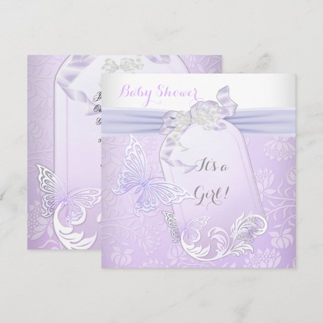 Baby Shower Girl White Lilac Princess Butterfly 2 Inbjudningar (Fram/baksida)