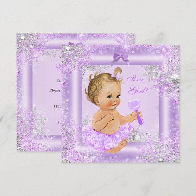 Baby Shower Girl Winter Lavender Snowflake Blonde Inbjudningar (Fram/baksida)