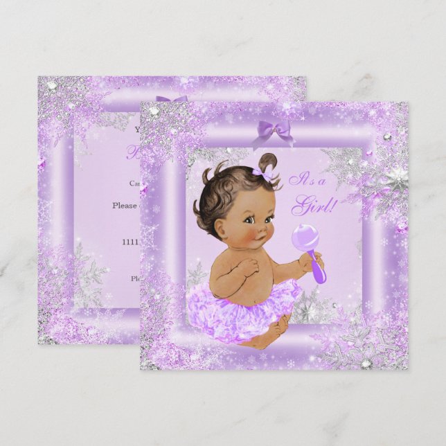 Baby Shower Girl Winter Lavender Snowflake Brunett Inbjudningar (Fram/baksida)