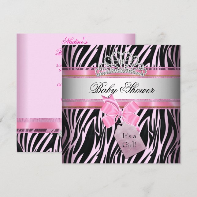 Baby Shower Girl Zebra Rosa Princess Black Inbjudningar (Fram/baksida)
