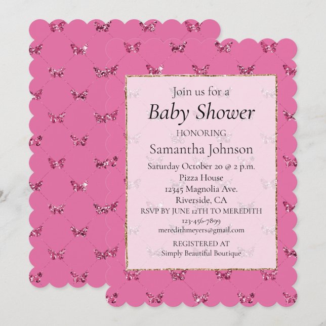 Baby Shower Girly Rosa Glitter Butterflies Inbjudningar (Fram/baksida)