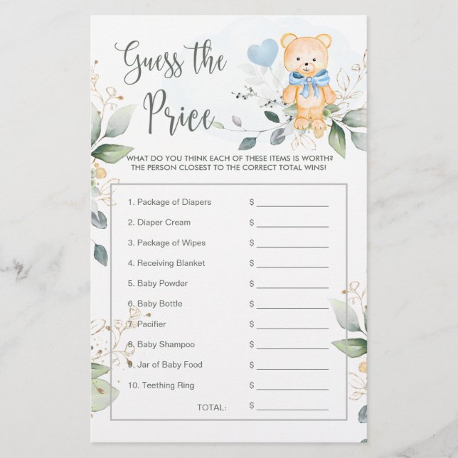 Baby Shower Gissa den Prisa Nallen Statio (Framsida)