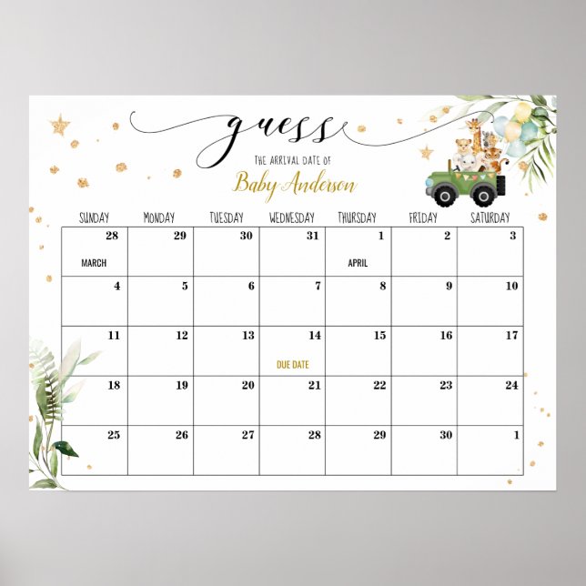 Baby Shower Gissa Förlossningsdatum Kalender Poster (Framsidan)