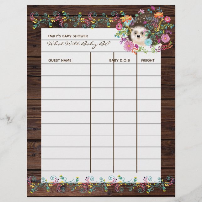 Baby Shower Gissningslek - Igelkott Blommor (Framsida)