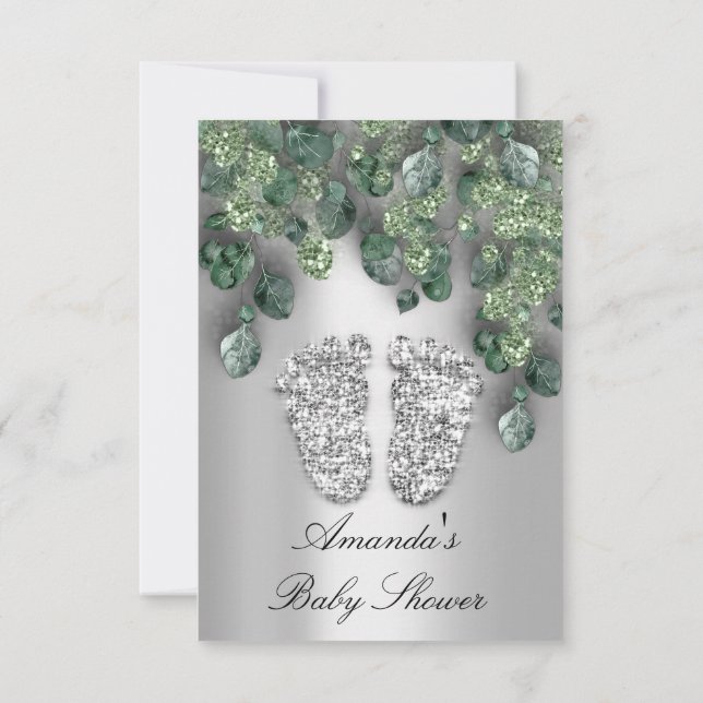 Baby Shower Glitter Feet Grått Eucalyptus Greenery Inbjudningar (Baksida)