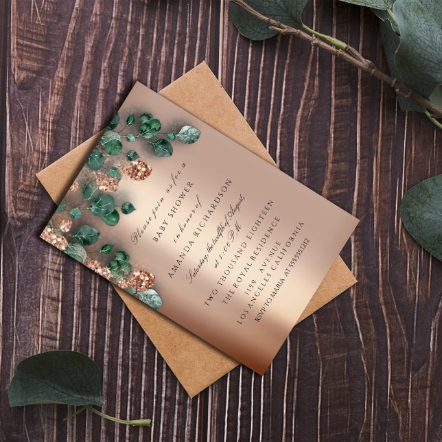 Baby Shower Glitter Feet Ro Glitter Eucalyptus Inbjudningar (Baby Shower Glitter Feet Rose Glitter Eucalyptus Invitation)