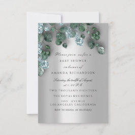 Baby Shower Glitter Grått Eucalyptus Grönt Blue Inbjudningar