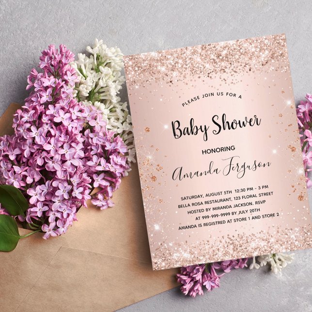 Baby Shower glitter ro metall flicka i guld Inbjudan Vykort (Skapare uppladdad)