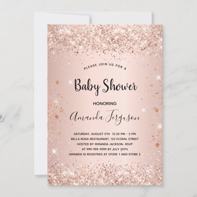 Baby Shower glitter ro metall flicka i guld Inbjudningar (Framsida)