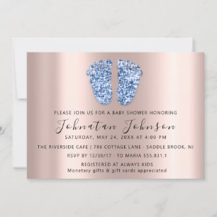 Baby Shower Glitter Rose Blå Fötter Grå Pojke Fli Inbjudningar