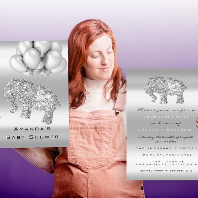Baby Shower Grått Balloon Elephant Girl Boy Silver Inbjudningar (Skapare uppladdad)