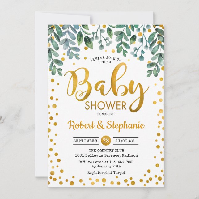Baby Shower - Greenery Botanical Guld Inbjudningar (Framsida)