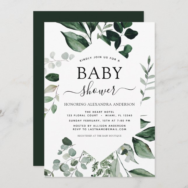 Baby Shower Greenery Botanical Watercolor Invati Inbjudningar (Fram/baksida)