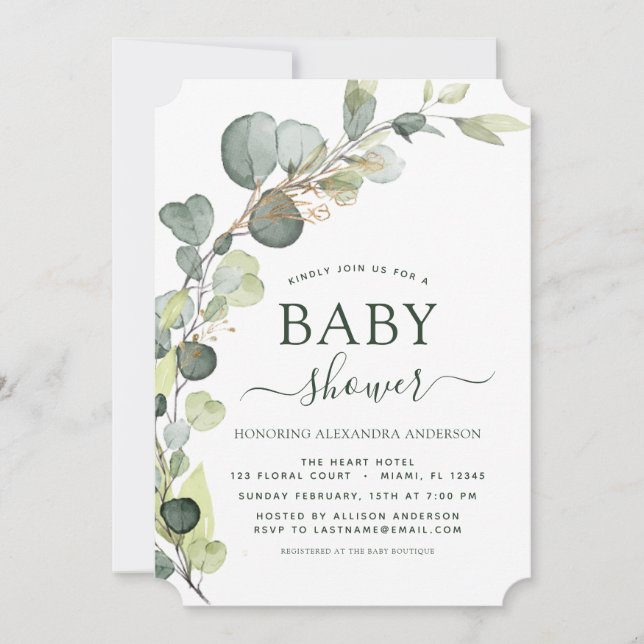 Baby Shower Greenery Eucalyptus botaniska Elegante Inbjudningar (Framsida)