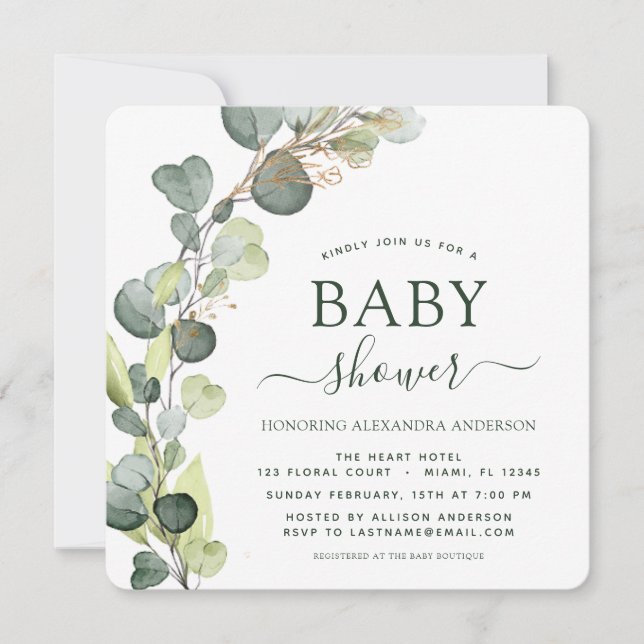 Baby Shower Greenery Eucalyptus botaniska Elegante Inbjudningar (Framsida)