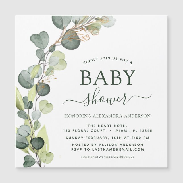Baby Shower Greenery Eucalyptus botaniska Elegante Magnetisk Inbjudningskort (Framsida)