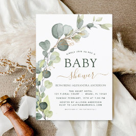 Baby Shower Greenery Eucalyptus Guld Elegant Inbjudningar