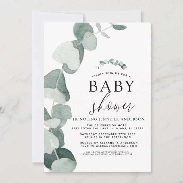 Baby Shower Greenery Eucalyptus Inbjudningar (Framsida)