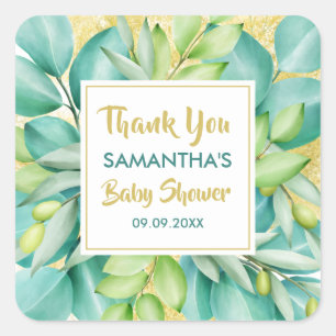 Baby Shower Greenery Eucalyptus Löv Olive Fyrkantigt Klistermärke
