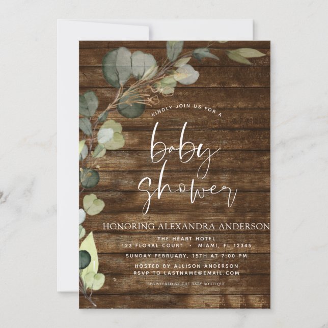 Baby Shower Greenery Eucalyptus Rustic Inbjudningar (Framsida)