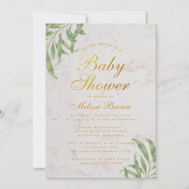 Baby Shower Greenery Marble Faux Gold Foil Script Inbjudningar (Framsida)