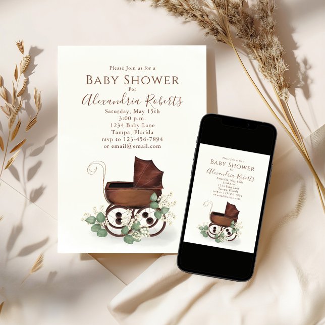 Baby Shower Greenery Watercolor Modern Eucalyptus Inbjudningar (Baby shower vintage style invitation, )