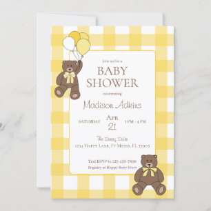Baby Shower Gul och Vit Rutig Teddybjörnar Inbjudningar
