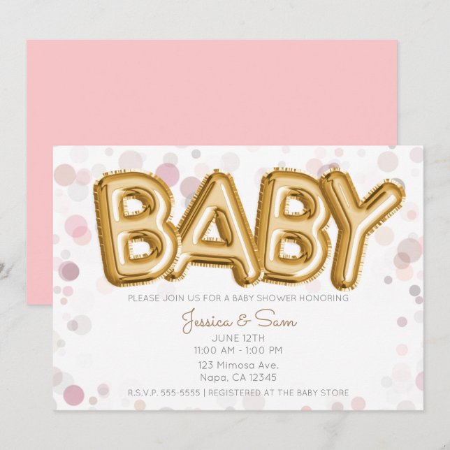 BABY Shower Guld Ballonger Modern Chic Rosa Inbjudningar (Fram/baksida)