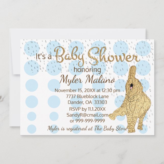 Baby Shower Guld Blue White Baby Elephant Inbjudningar (Framsida)