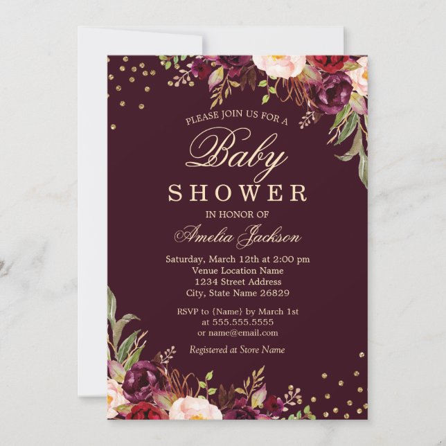 Baby Shower Guld Burgundy Blommig Glans Inbjudningar (Framsida)