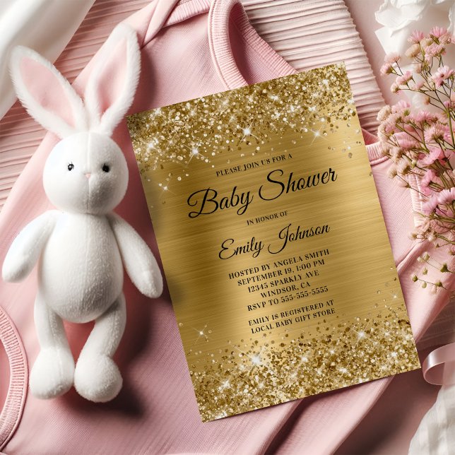 Baby Shower Guld Glittrig Folie Elegant Skrift Inbjudningar (Baby Shower Gold Glittery Foil Fancy Script Invitation)